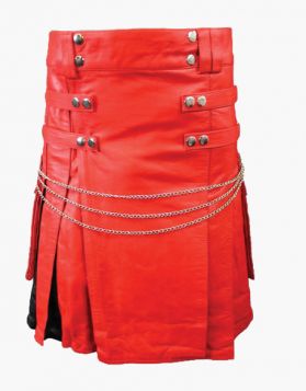 Mens Red and Black Leather Kilt - Front Image