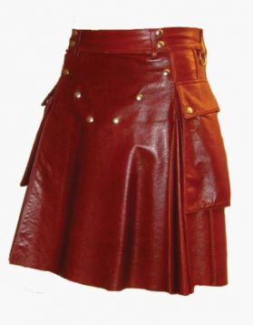 Mens Red Leather Kilt with Studded Apron