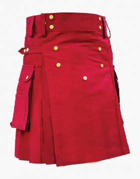 Mens Red Utility Kilt with Decorated Front - Front Image 
