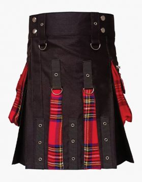 Modern Black and Royal Stewart Tartan Hybrid Kilt- Front Image 