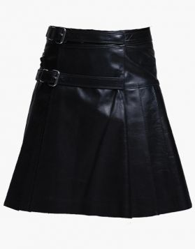  Modern Black Leather Kilt with Straps - Front Image