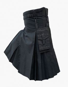 Modern Black Utility Kilt with Detachable Pockets - Front Image 