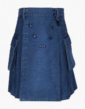 Modern Blue Denim Kilt with Studded Apron - Front Image 