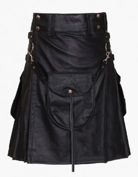 New Pure Black Leather Kilt with Detachable Pocket - Front Image