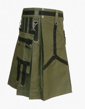 Olive Green Utility Kilt with Black Nylon Straps- Front Image