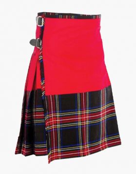 Red Cotton With Black Stewart Tartan Hybrid Kilt- Front Image 