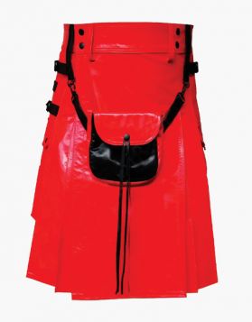 Red Leather Kilt with Black Front Pocket - Front Image 