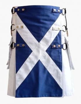White Gothic Hybrid Kilt with Scotland Flag Apron - Front Image 