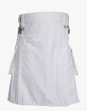 WHITE DELUXE UTILITY KILT WITH LEATHER STRAPS 