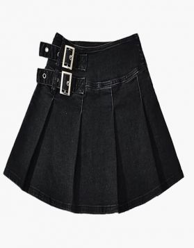 Women Black Denim Pleated Mini Kilt