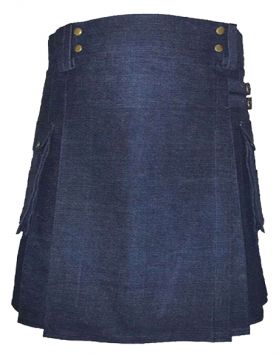 Women Blue Denim Utility Kilt - Back Image
