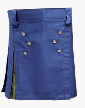Womens Blue and Olive Green Hybrid Kilt with Studded Apron - Front Image